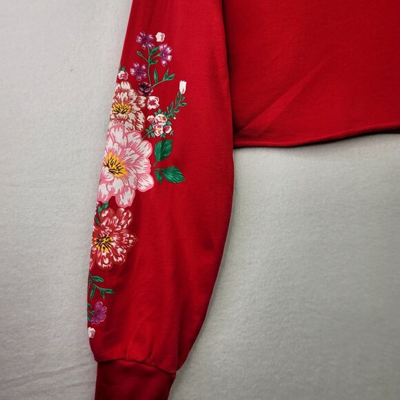 H&M Divided Lamour Red Cropped Sweatshirt With Floral Sleeves Small - Picture 9 of 9